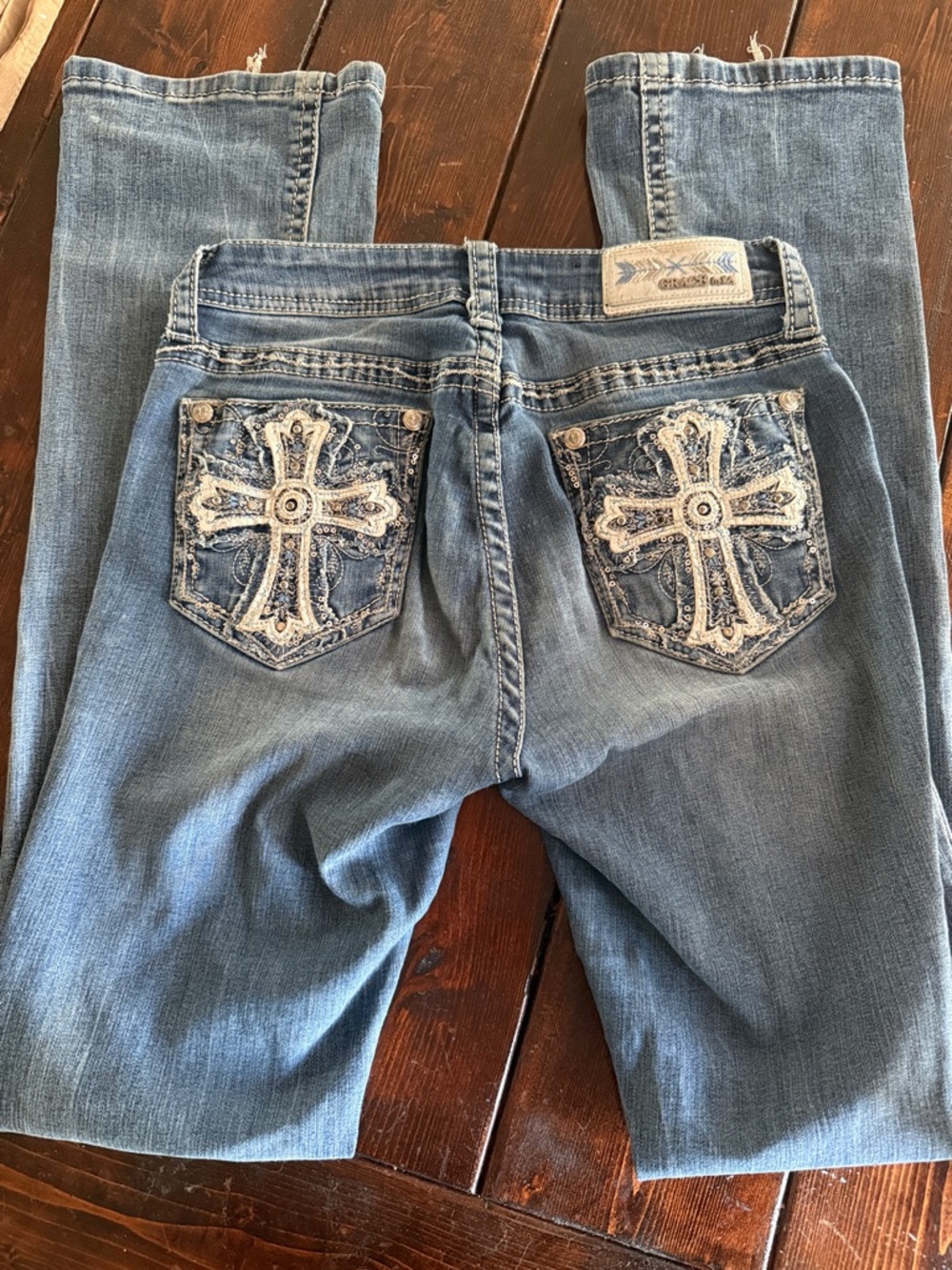 Grace Embroidered Cross Pocket Straight Leg Jeans in Light Blue